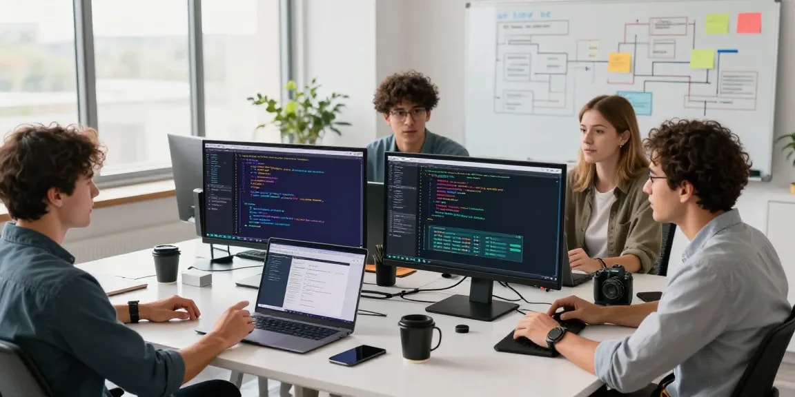 Download Telegram on modern tech workspace with developers collaborating.