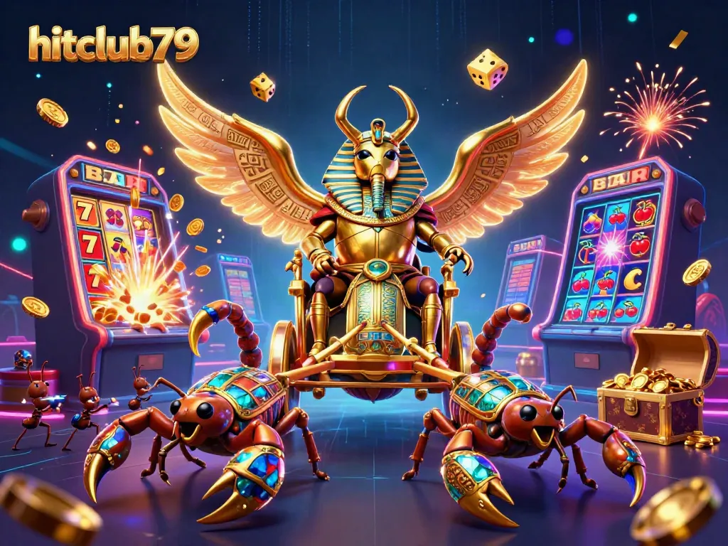 Experience excitement at hitclub79 with a golden scarab beetle in a dynamic casino scene filled with jackpots.