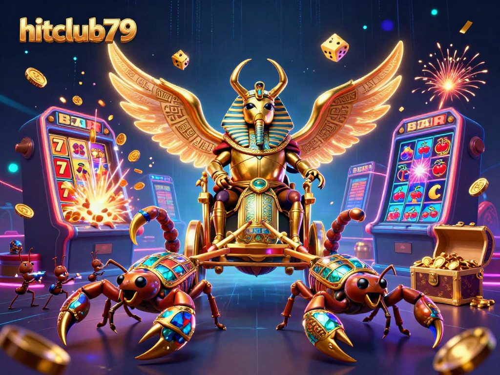 Experience excitement at hitclub79 with a golden scarab beetle in a dynamic casino scene filled with jackpots.