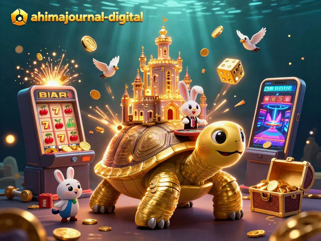 Experience ahimajournal-digital's vibrant gambling illustration with golden tortoise casino and dynamic game elements.