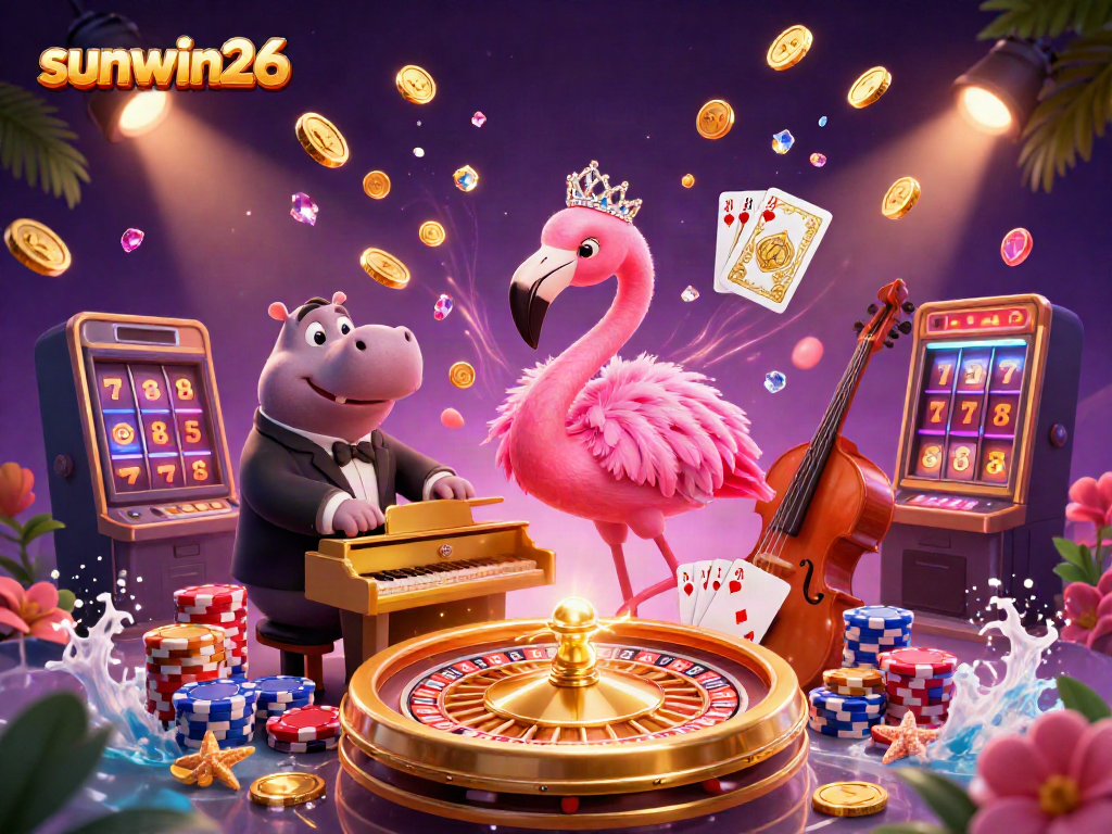 Experience excitement at sunwin26 with a lively flamingo singer and hippo bassist surrounded by casino elements.