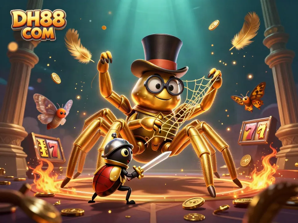Join the adventure at DH88 COM with a massive golden tarantula and brave beetle knight in a casino wonderland.