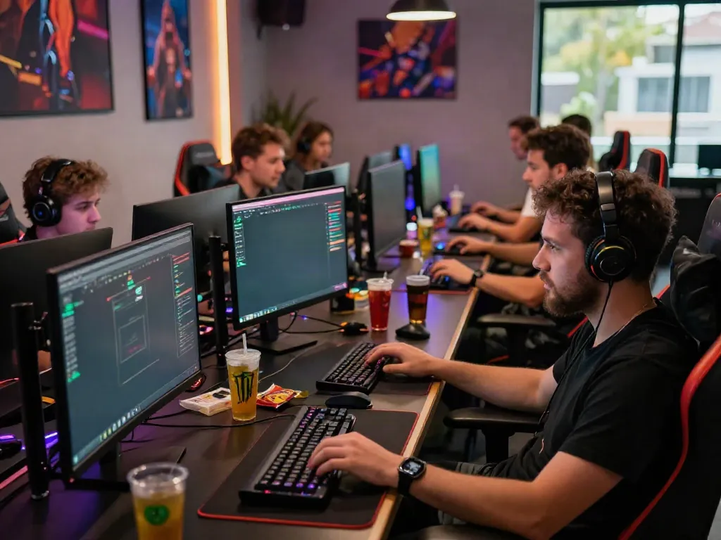 Experience competitive gaming excitement at https://manclub1.jp.net/, with diverse players focused in a vibrant, modern lounge.