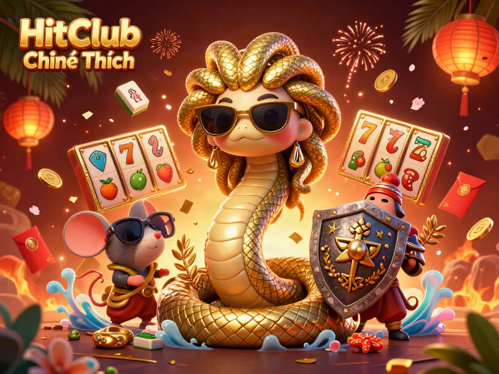 Experience HitClub Chính Thức with thrilling slots, stunning visuals, and exciting characters in this colorful illustration.
