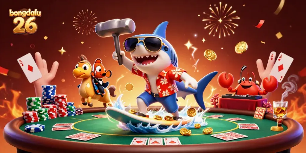Engage with exciting moments on Bongdalu 26, featuring a playful shark surfing gold coins alongside vibrant sea creatures in a dynamic casino scene.