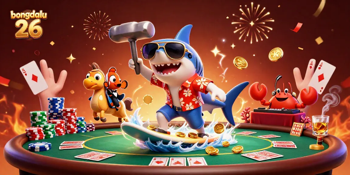 Engage with exciting moments on Bongdalu 26, featuring a playful shark surfing gold coins alongside vibrant sea creatures in a dynamic casino scene.