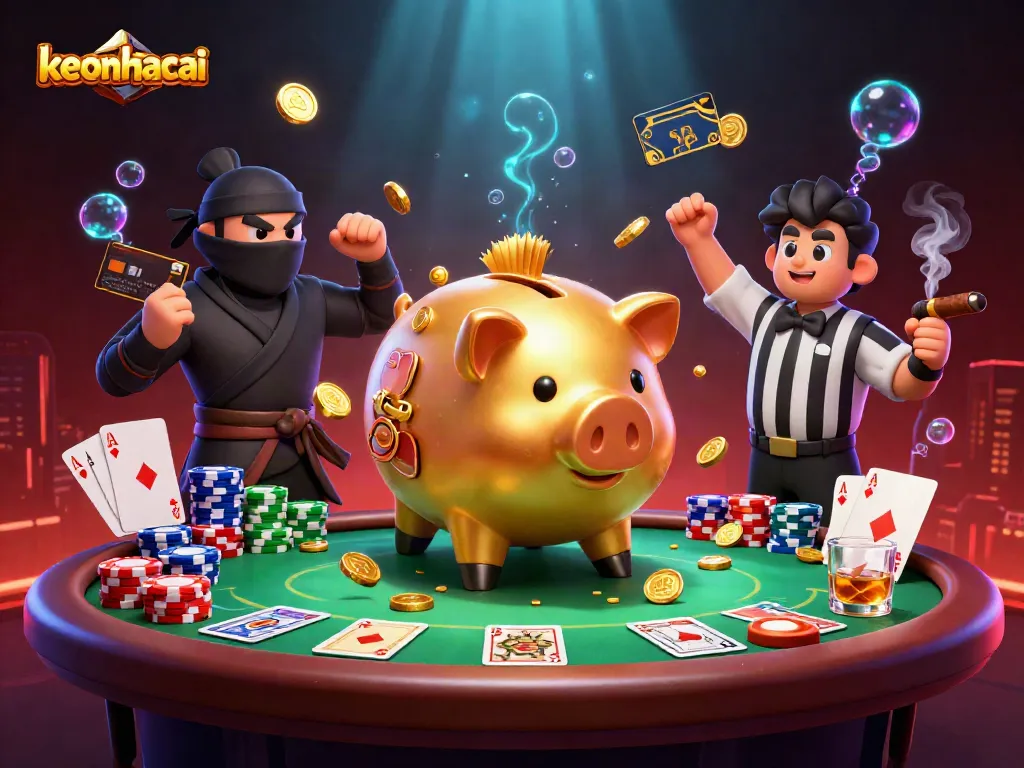 Engaging scene of keonhacai with a golden piggy bank sumo wrestler amidst exciting poker action