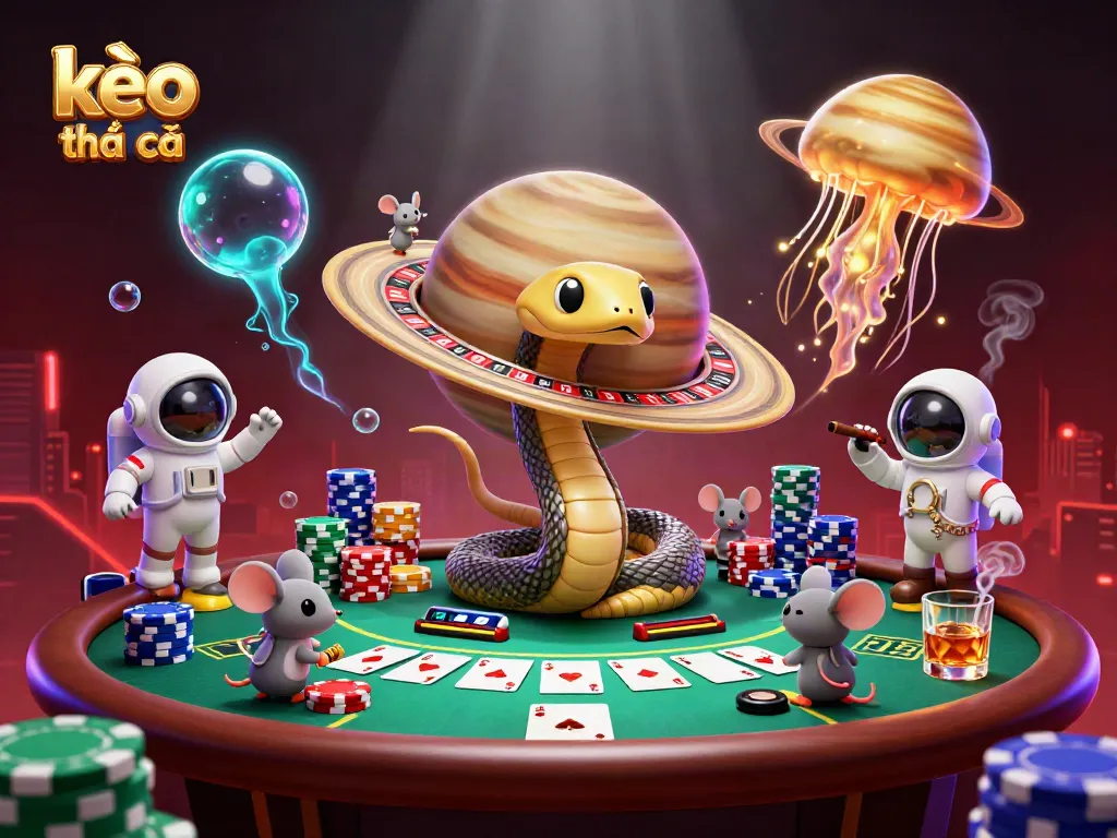 Place bets on kèo nhà cái's thrilling roulette wheel scene featuring astronaut mice and a cosmic dealer.