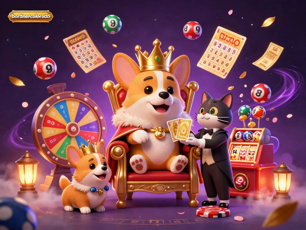 Experience the excitement of bordnercolorado gambling with a playful royal corgi atop poker chips amid dynamic lottery and bingo elements.