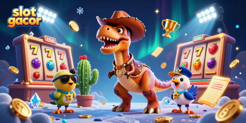 Engage in thrilling slot gacor action with cartoon characters in a dazzling casino scene.