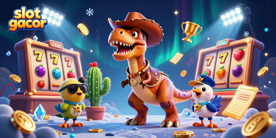 Engage in thrilling slot gacor action with cartoon characters in a dazzling casino scene.