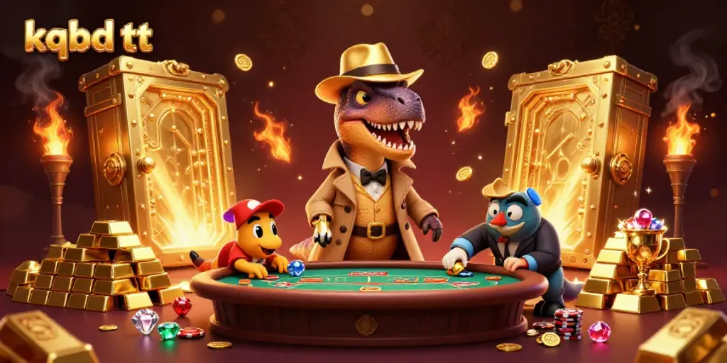 Witness the thrilling scene of kqbd tt with a velociraptor at the blackjack table, gold treasures scattered.