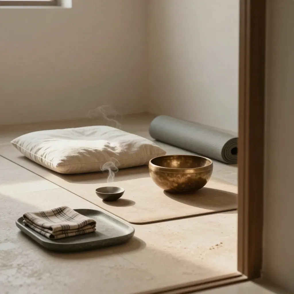 Stille mindfulnesshoek met meditatiekussen, klankschaal, plaid en zachte ochtendmist.