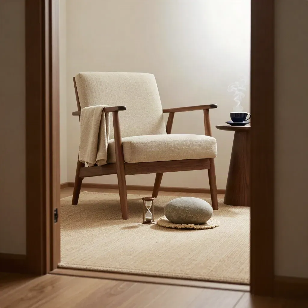 Lage blik op een stressreductiehoek met fauteuil, zandloper, ademsteen en dampende thee.