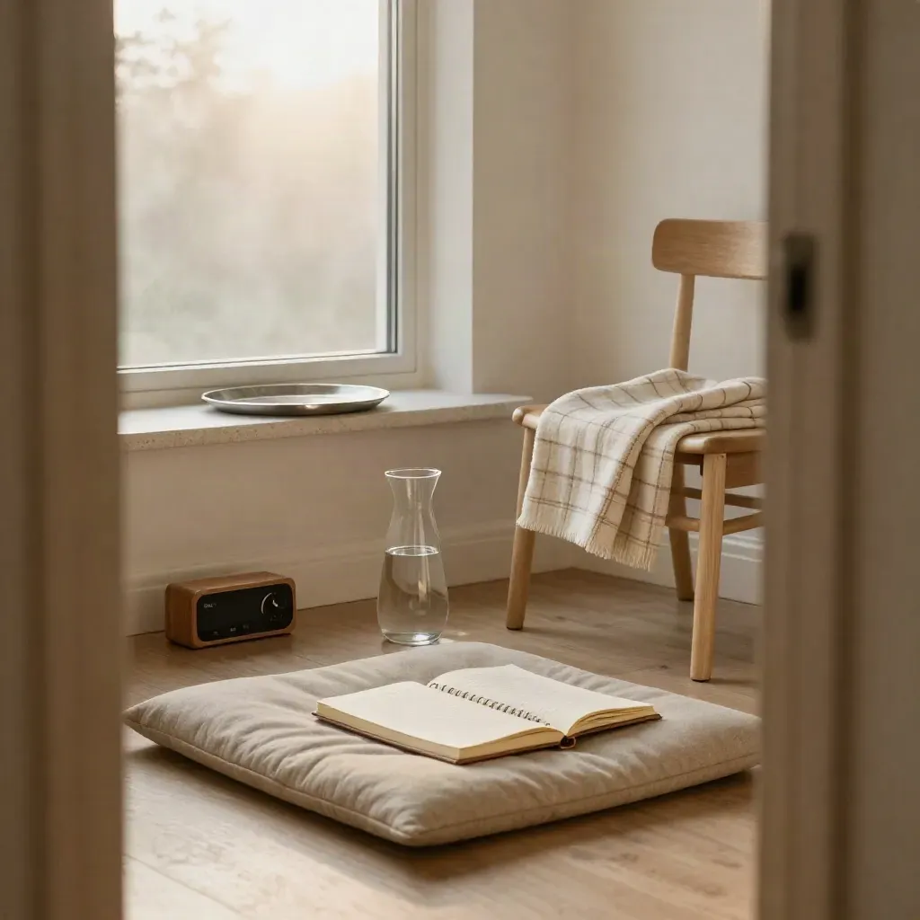 Rustige mindfulnesshoek met kussen, timer, karaf en plaid bij een mistig raam.