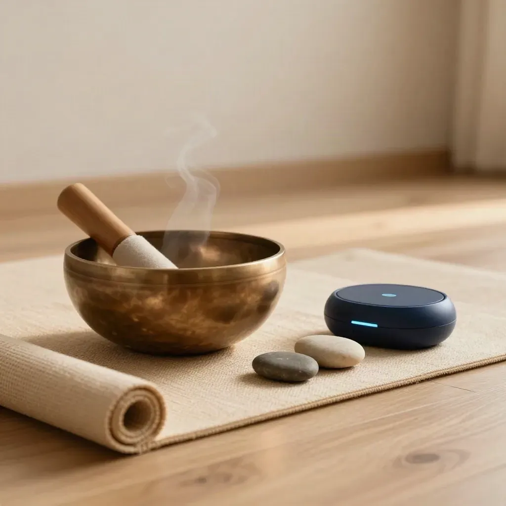 Minimalistische meditatie-opstelling met klankschaal, timer, stenen en opgerolde mat op houten vloer.
