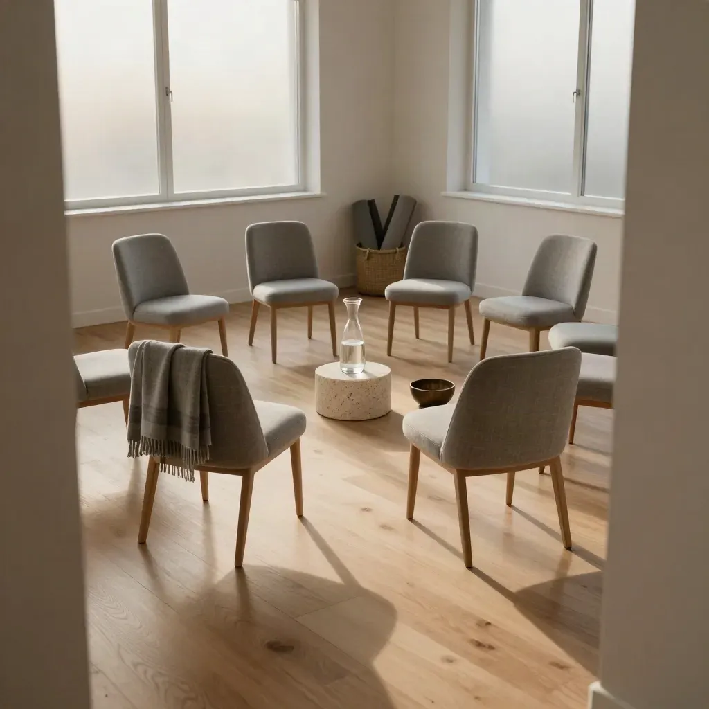 Lege vergaderruimte als ademhoek met stoelen in kring, plaid, mattenmand en karaf in zacht ochtendlicht.