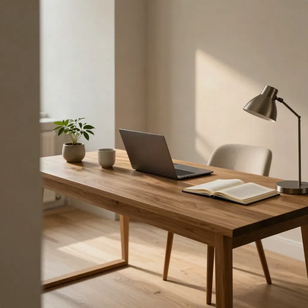Rustig thuiskantoor met laptop, beker, plant, notebook en lege stoel in zacht namiddaglicht.