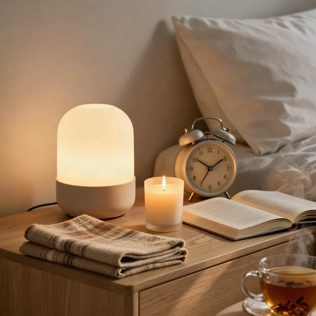 Sfeervolle slaapkamer met lamp, plaid, kaars, boek, thee en wekker in avondrust.