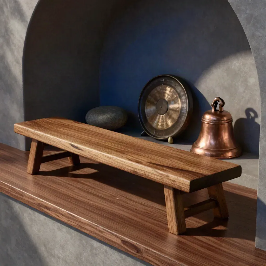 Houten meditatiebankje met gong, koperen bel en riviersteen in een donkere nis.