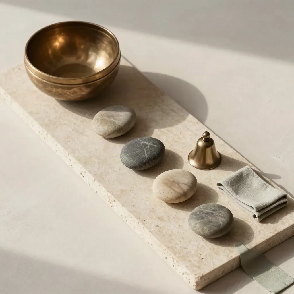 Meditatie-items op stenen tray: klankschaal, rivierstenen, bel en sage lint