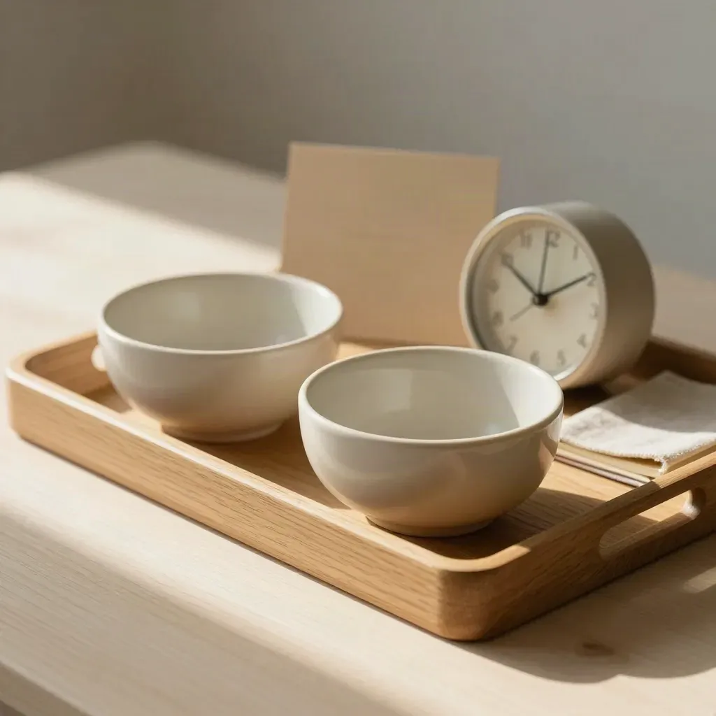 Houten tray met kommen, linnen band, klok en notitieboek in zacht licht.