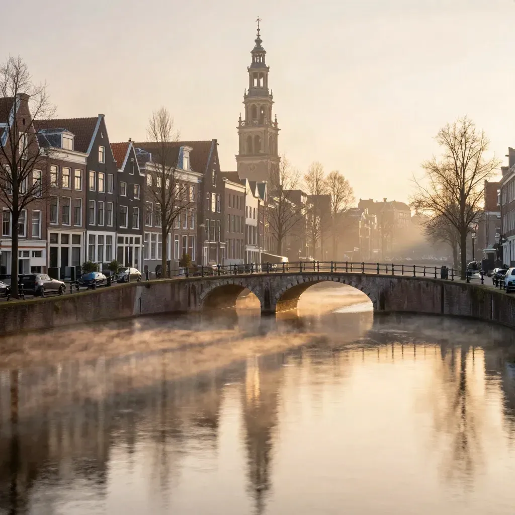 Domtoren boven een mistige Utrechtse gracht bij zonsopkomst