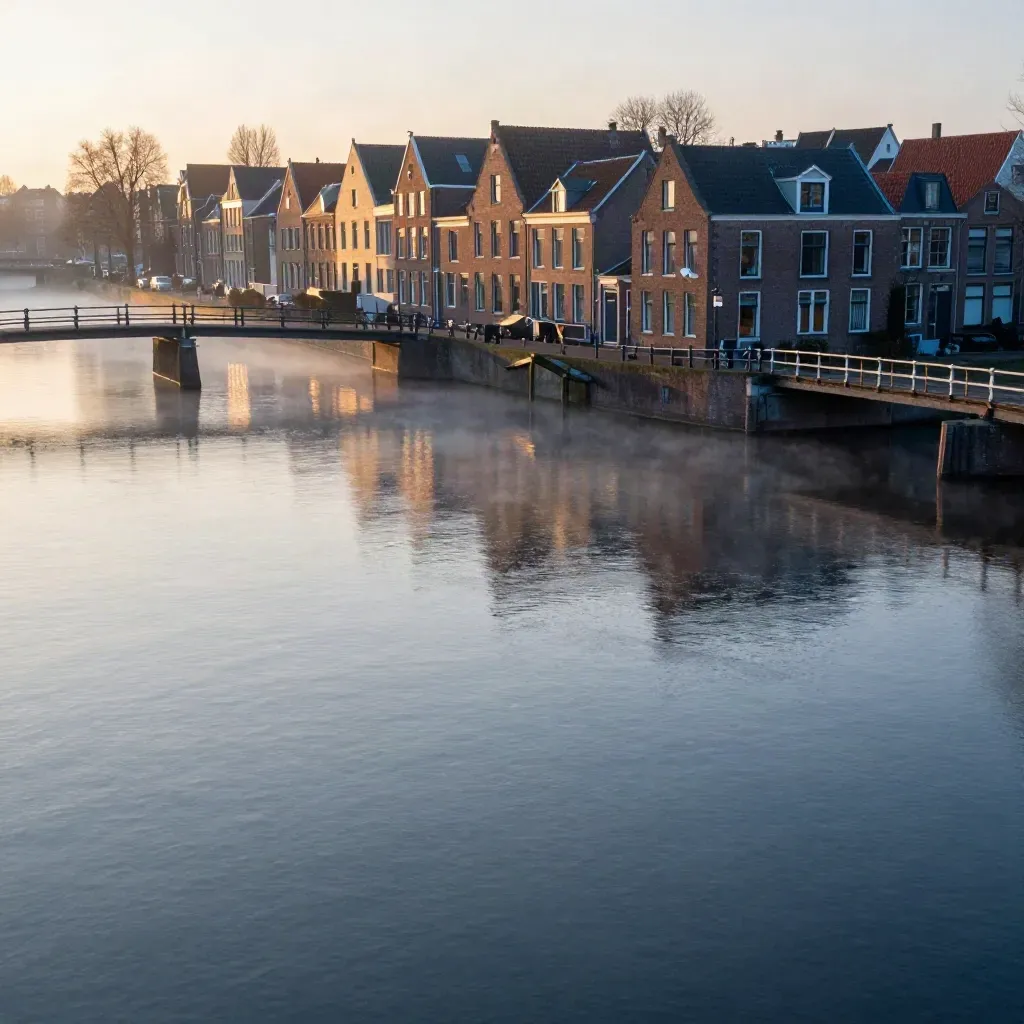 Amstel met lage bruggen, bakstenen gevels en zachte riviermist bij zonsopkomst.