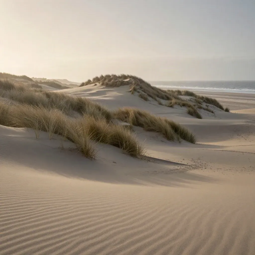 Duinen bij Scheveningen met mistige zee en rustige zandvlakte voor tekst