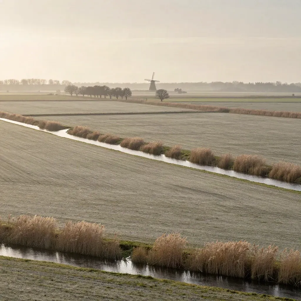 Breed polderland met sloten, riet en een verre windmolen in zachte avondmist.