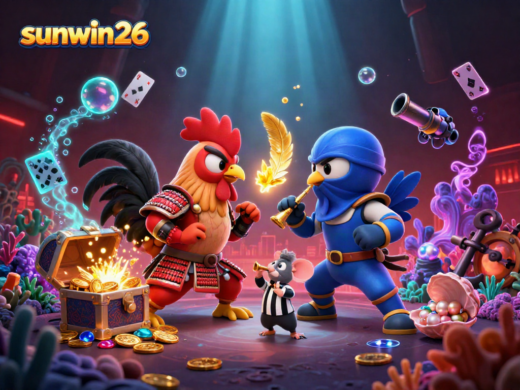 Engage in thrilling gambling action with sunwin26's dynamic rooster showdown and vibrant casino elements.