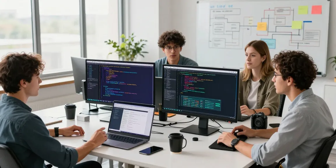 Download Telegram on modern tech workspace with developers collaborating.