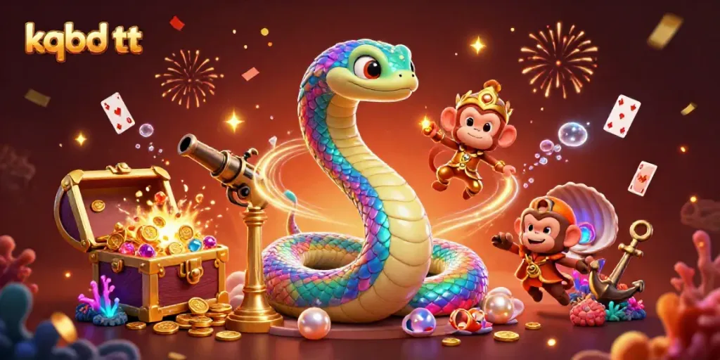 Engage with the colorful scene of kqbd tt showcasing a vibrant rainbow serpent and monkey king amidst a celebration of winning treasures.
