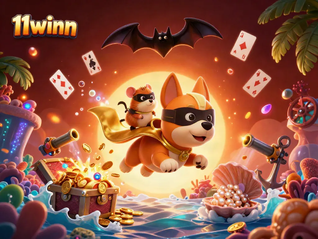 Engage with 11winn in an ultra-detailed 3D hero scene of a dog flying with gold coins through dynamic casino elements.