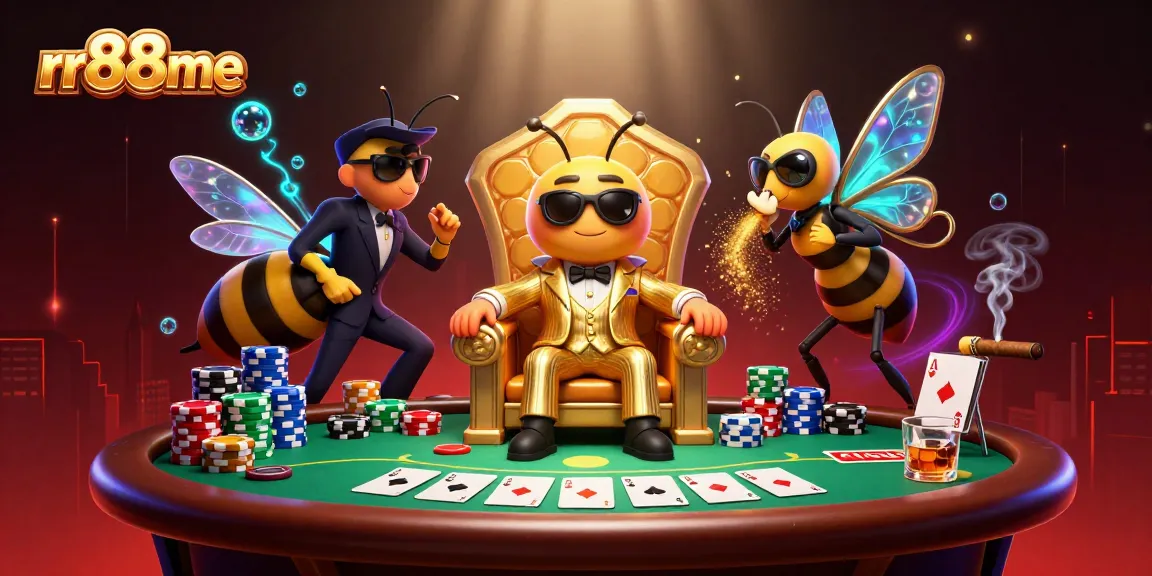Experience exhilarating poker action at rr88me with a dynamic scene featuring a bumblebee mob boss and vibrant casino elements.