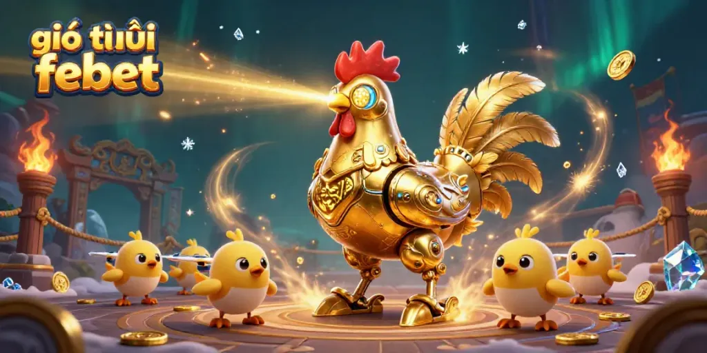 Engage with the stunning illustration of giới thiệu febet, showcasing a golden rooster robot with interactive baby chick drones in a dynamic casino setting.