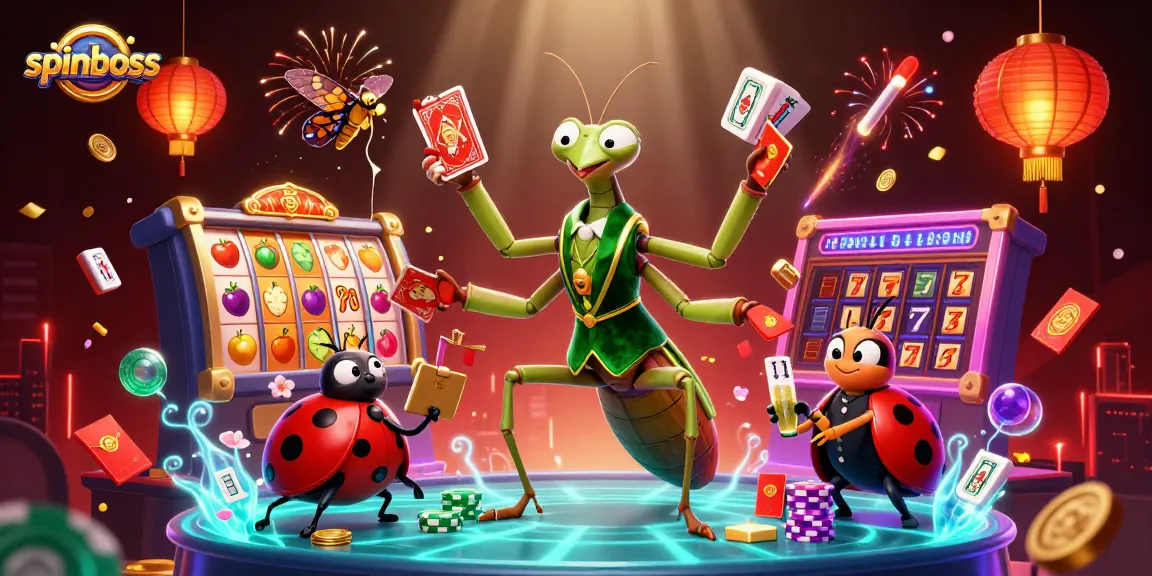 spinboss themed illustration with vibrant game elements including slot reels and lucky symbols