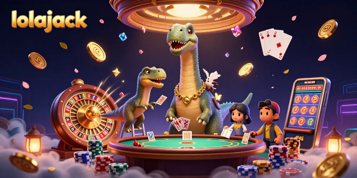 Engage with lolajack's thrilling casino atmosphere featuring a towering brontosaurus and vibrant game elements.
