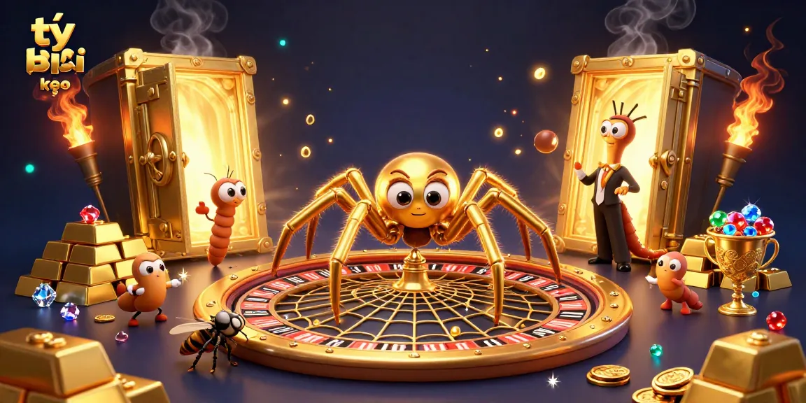 Placing bets on tỷ lệ kèo with a fly at a roulette wheel web in a vibrant casino scene.