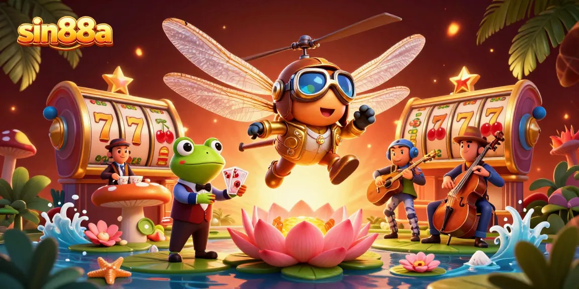 Experience the excitement of sin88a with a vibrant casino scene featuring a dragonfly pilot and frog croupier.