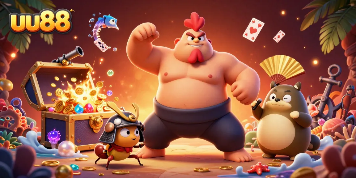 Engage with uu88 gaming adventures featuring an energetic sumo rooster and a fierce cricket in a vibrant casino scene.