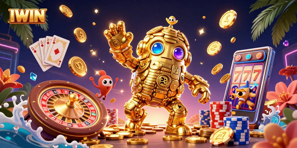 IWIN offers an immersive experience with a dazzling casino scene depicting a golden golem and rich slot details.