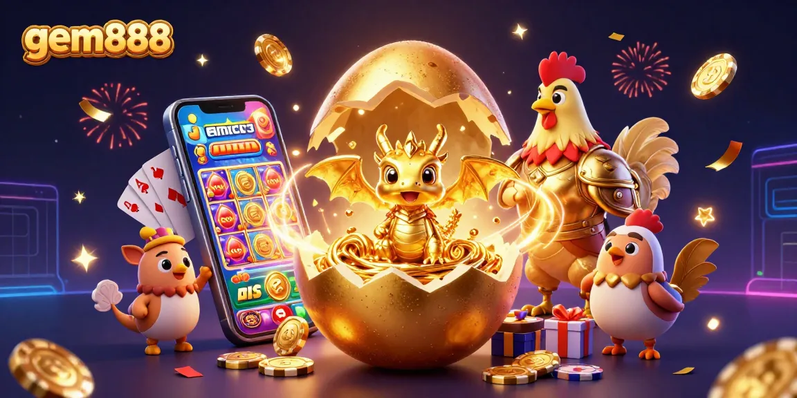 Experience the excitement of gem888 with a baby dragon and golden poker chips in a festive casino scene.