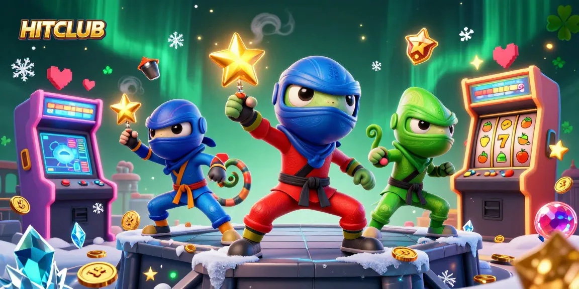 Experience HITCLUB action with ninja chameleons amidst colorful gaming elements in a vibrant casino scene.