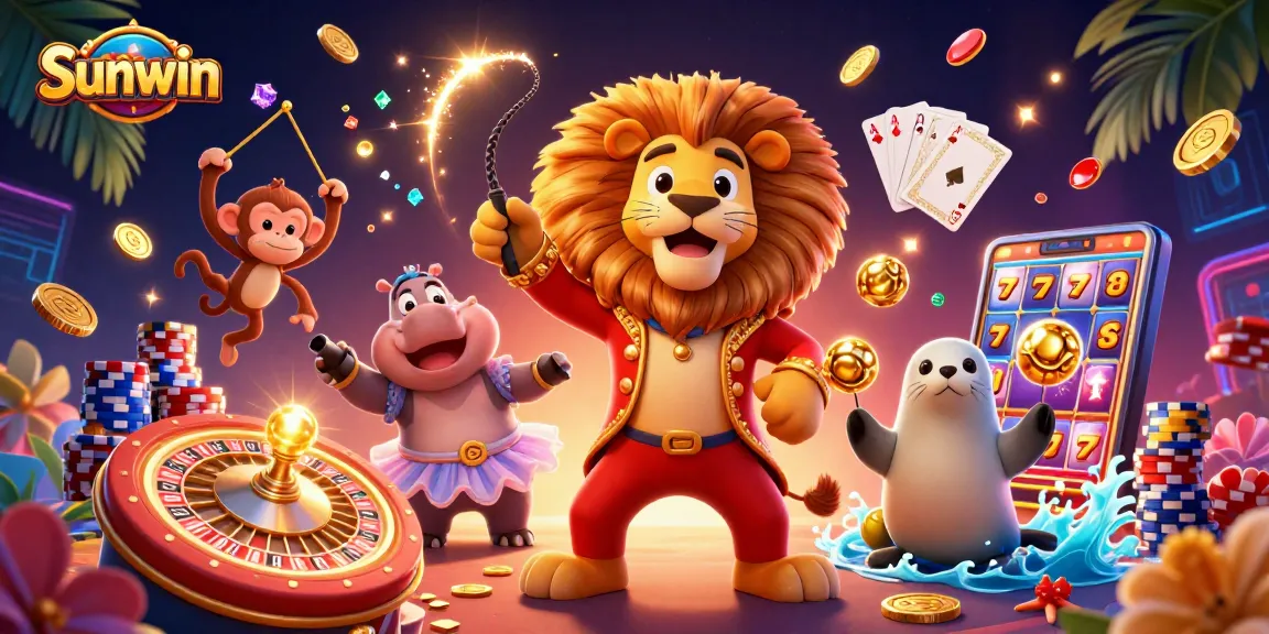Sunwin offers thrilling casino excitement with dynamic characters and sparkling elements in a vibrant scene.