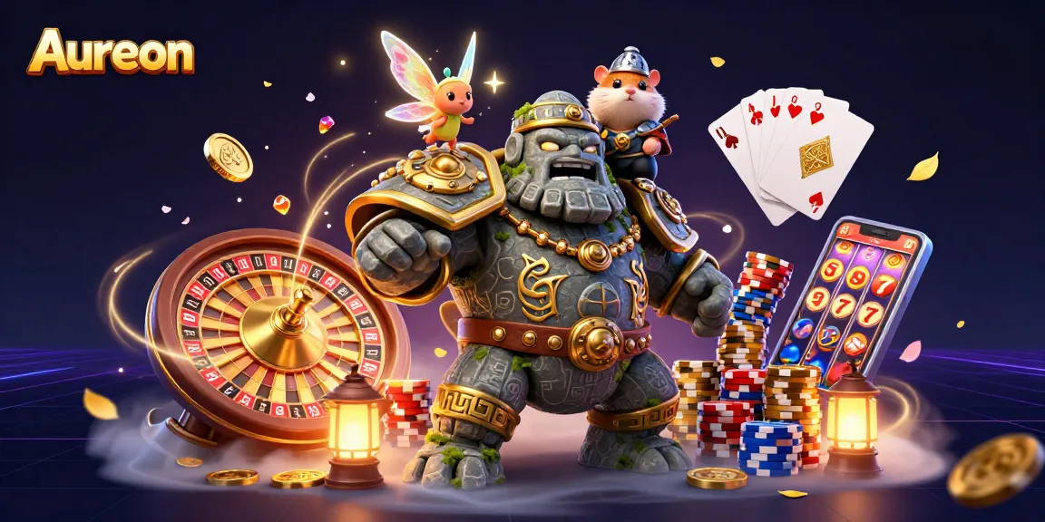 Aureon casino features an adventurous scene of a golem, fairy, and hamster knight amid vibrant game elements.