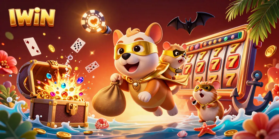 IWIN's thrilling casino adventure featuring a superhero dog and hamster, surrounded by slot reels and treasures.