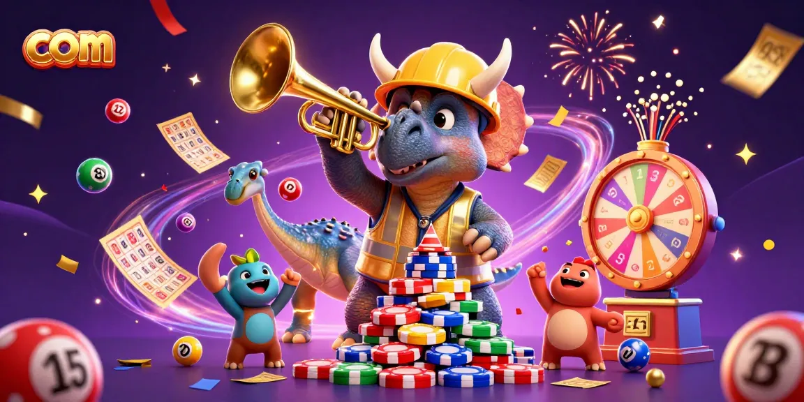 Engage with com in an exciting casino scene featuring a triceratops and lottery elements.