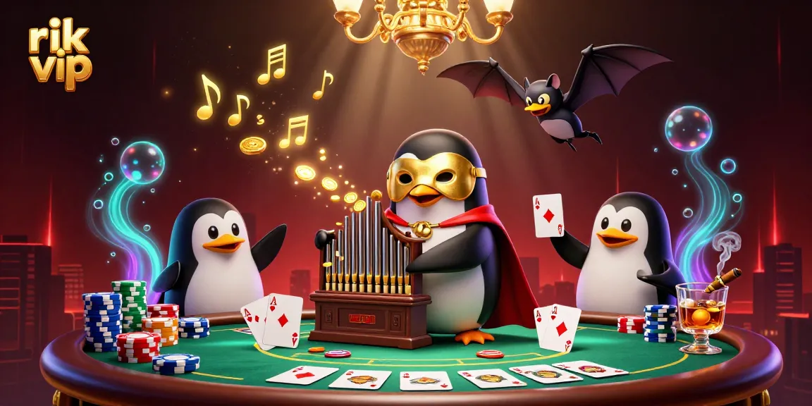 Experience thrilling gameplay with rik vip at this animated casino scene featuring a penguin organist.