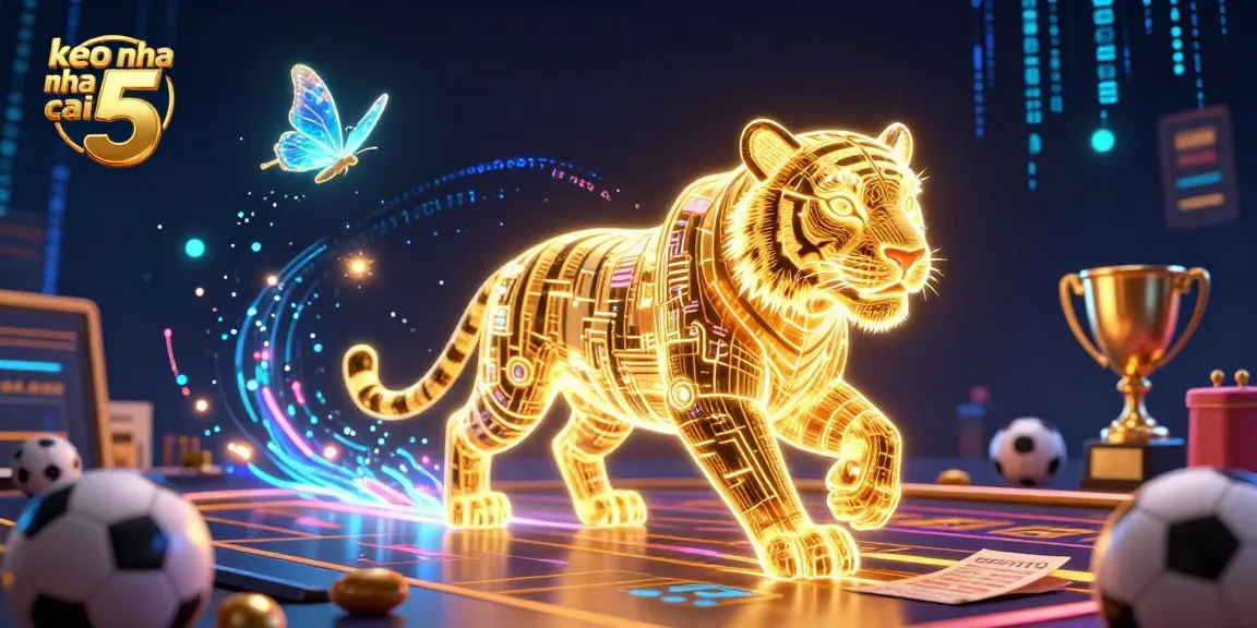 Bet on keo nha cai 5 with a golden tiger amid vibrant sports betting elements in a digital casino.